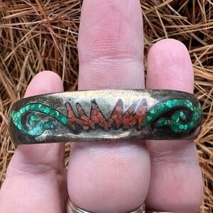 Vintage Sterling turquoise coral inlay cuff bracelet